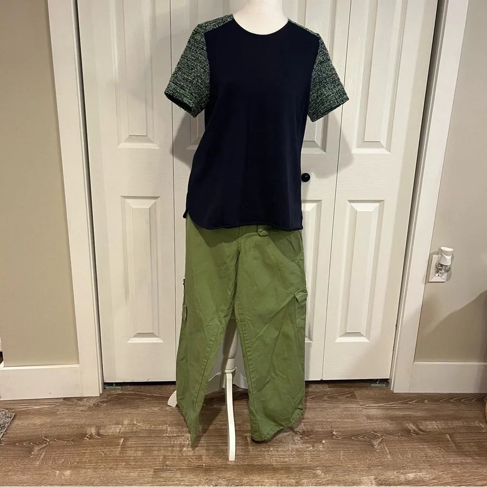J.Crew Navy & Green Tweed Sleeve Top, Size M